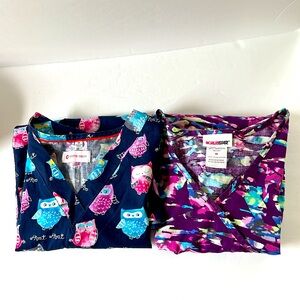Scrubs Lot of 2 Owl Pattern & Abstract Design M Front Pockets V-Neck 100%Cotton